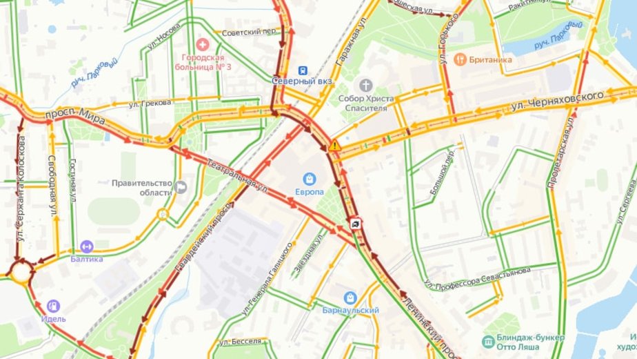 Из-за аварии на пересечении Ленпроспекта и Театральной центр Калининграда встал в пробке - Новости Калининграда | Скриншот сервиса «Яндекс. Карты» Из-за аварии на пересечении Ленпроспекта и Театральной центр Калининграда встал в пробке - Новости Калининграда | Скриншот сервиса «Яндекс. Карты»