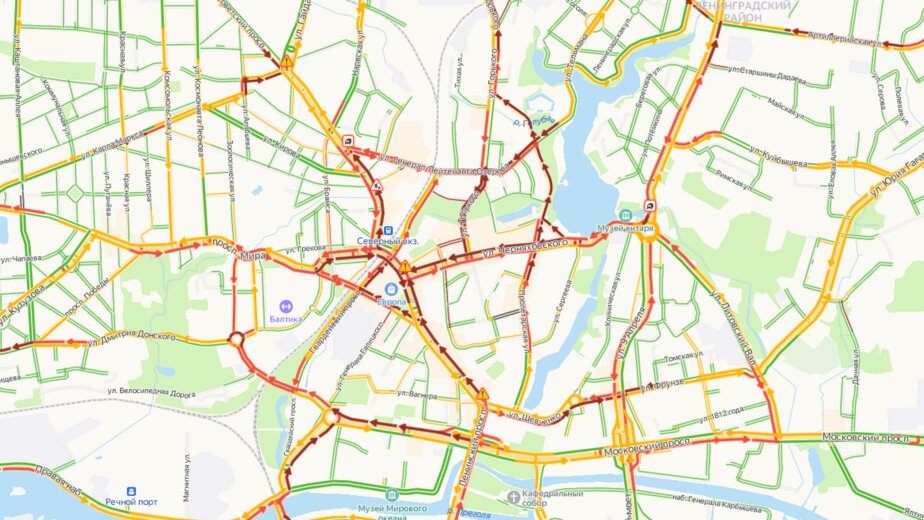 На Ленинском проспекте в Калининграде собралась пробка в два километра - Новости Калининграда | Скриншот «Яндекс.Карты»